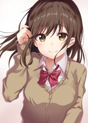 Rule 34 | 1girl, blush, bow, bowtie, breasts, brown eyes, brown hair, closed mouth, commentary request, female focus, hand up, hige wo soru. soshite joshikousei wo hirou., long sleeves, looking at viewer, medium breasts, ogiwara sayu, red bow, red bowtie, sayuuiede, school uniform, simple background, smile, solo, striped bow, striped bowtie, striped clothes, striped neckwear, upper body, white background