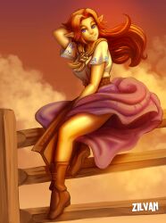 Rule 34 | 1girl, blue eyes, boots, breasts, brown hair, brown sky, cloud, fence, highres, long hair, malon, medium breasts, nintendo, pinup (style), pointy ears, sitting, sky, smile, solo, the legend of zelda, the legend of zelda: ocarina of time, thighs, zilvan