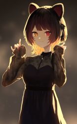 Rule 34 | 1girl, animal ears, breasts, brown dress, brown hair, cleavage, closed mouth, dog ears, dog hair ornament, dress, hair ornament, hands up, heterochromia, highres, inui toko, inui toko (5th costume), long sleeves, looking at viewer, nail polish, nijisanji, nrmrmn, print dress, red eyes, red nails, see-through, see-through cleavage, short hair, sleeves past wrists, solo, upper body, virtual youtuber, yellow eyes