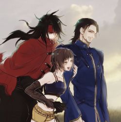 Rule 34 | 1girl, 2boys, black hair, cloak, covered mouth, detached sleeves, dirge of cerberus final fantasy vii, final fantasy, final fantasy vii, headband, highres, looking ahead, multiple boys, reeve tuesti, s hitorigoto3, short hair, shorts, smile, square enix, vincent valentine, yuffie kisaragi