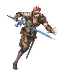 Rule 34 | 1boy, armor, armored boots, boots, brown eyes, brown hair, collarbone, eyepatch, fingerless gloves, fire emblem, fire emblem echoes: shadows of valentia, fire emblem heroes, full body, gloves, highres, holding, holding sword, holding weapon, leg up, male focus, multicolored hair, nintendo, official art, open mouth, p-nekor, pants, red hair, saber (fire emblem), short hair, short sleeves, shoulder armor, solo, sword, transparent background, weapon