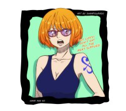 Rule 34 | 1girl, absurdres, aged up, breasts, cleavage, female focus, glasses, highres, large breasts, matching hair/eyes, nami (one piece), one piece, orange eyes, orange hair, shampowrado, short hair, solo, tattoo, text focus, upper body