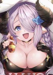 Rule 34 | 1girl, :d, absurdres, asymmetrical gloves, bare shoulders, bed, black choker, black gloves, blanket, blue eyes, blush, braid, breasts, choker, collarbone, commentary request, demon horns, draph, elbow gloves, eyelashes, fangs, fingernails, gloves, granblue fantasy, hair between eyes, hair over one eye, highres, horns, huge breasts, hyouta (yoneya), large breasts, light purple hair, long hair, looking at viewer, low tied hair, lying, nail polish, narmaya (granblue fantasy), on stomach, one eye covered, open mouth, pink hair, pink nails, pointy ears, potion, sidelocks, single braid, sleeveless, smile, solo, teeth, tongue, under covers, uneven gloves, upper teeth only