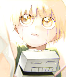 Rule 34 | 1boy, backlighting, blonde hair, chromatic aberration, commentary request, facial mark, gash bell, hei tai (kyaputen1), highres, konjiki no gash!!, light, looking up, male focus, open mouth, portrait, solo, yellow eyes