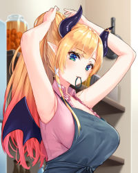 Rule 34 | 1girl, apron, armpits, bare shoulders, blonde hair, blue apron, blue eyes, blush, breasts, collared shirt, commentary request, demon girl, demon horns, duplicate, hair tie, hair tie in mouth, high ponytail, hololive, horns, large breasts, long hair, mouth hold, multicolored hair, outside border, pensuke, pink shirt, pointy ears, shelf, shirt, sleeveless, sleeveless shirt, tying hair, virtual youtuber, wings, yuzuki choco, yuzuki choco (1st costume)