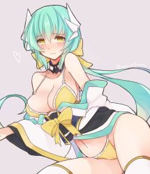 Rule 34 | 1girl, aqua hair, bikini, blush, breasts, cameltoe, cleavage, fate/grand order, fate (series), horns, japanese clothes, kimono, kiyohime (fate), kiyohime (fate/grand order), kiyohime (swimsuit lancer) (fate), kiyohime (swimsuit lancer) (first ascension) (fate), large breasts, long hair, looking at viewer, lying, mom 29 mom, on side, open clothes, open kimono, smile, solo, swimsuit, thighhighs, white thighhighs, yellow bikini, yellow eyes