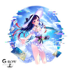 1girl :d asymmetrical_bangs black_ribbon blue_eyes blue_hair breasts camera cleavage cloud dress feet_out_of_frame green_ribbon guard_rail hat highres holding holding_camera island long_hair looking_at_viewer ocean official_alternate_costume official_art open_mouth outdoors outstretched_arm phantom_of_the_kill photo_(object) red_eyes red_hair ribbon risanautr shibuhiko sky smile solo standing thighs white_background white_dress white_hat