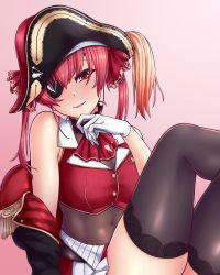 Rule 34 | 1girl, absurdres, ascot, bare shoulders, bicorne, black thighhighs, bodysuit, bodysuit under clothes, breasts, cleavage, commentary request, covered navel, eyepatch, gloves, grin, hair ribbon, hat, head tilt, highres, hololive, houshou marine, jacket, leotard, leotard under clothes, looking at viewer, medium breasts, off shoulder, parted lips, pleated skirt, red ascot, red eyes, red hair, red ribbon, red skirt, ribbon, see-through, see-through cleavage, see-through leotard, short hair, sitting, skirt, smile, solo, thighhighs, twintails, virtual youtuber, white gloves, zellam