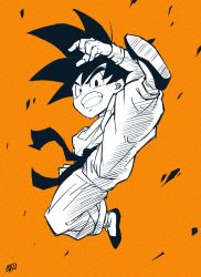 Rule 34 | 1boy, absurdres, aiming, aiming at viewer, belt, black belt, black eyes, black hair, boots, child, commentary request, dougi, dragon ball, dragon ball (classic), gloves, highres, incoming attack, incoming kick, liedein, looking at viewer, male focus, orange background, saiyan, simple background, smile, solo, son goku, spiked hair, tail