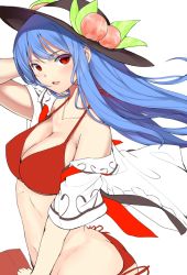 Rule 34 | 1girl, ass, bad id, bad pixiv id, bikini, blue hair, breasts, cleavage, collarbone, female focus, food, fruit, hat, hinanawi tenshi, large breasts, long hair, looking at viewer, neropaso, open clothes, open mouth, open shirt, peach, red bikini, red eyes, shirt, side-tie bikini bottom, simple background, smile, solo, strap gap, swimsuit, touhou, unfinished, very long hair, wind