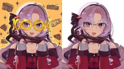 Rule 34 | 1girl, :d, bare shoulders, blush, brown gloves, chest tattoo, claw ring, dress, glasses, gloves, hair ornament, hair ribbon, hairband, hands up, highres, hsin, hyakumantenbara salome, hyakumantenbara salome (1st costume), juliet sleeves, light purple hair, long hair, long sleeves, looking at viewer, milestone celebration, multiple views, nijisanji, off shoulder, open mouth, puffy sleeves, purple eyes, purple ribbon, red dress, ribbon, simple background, smile, tattoo, upper body, virtual youtuber, white background, yellow background