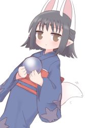 Rule 34 | 1girl, animal ears, black hair, blue kimono, brown eyes, closed mouth, commentary request, crystal ball, dutch angle, hasaha, highres, holding, japanese clothes, kimono, long sleeves, looking at viewer, naga u, obi, pointy ears, sash, short eyebrows, simple background, solo, summon night, summon night 2, tail, thick eyebrows, white background, wide sleeves