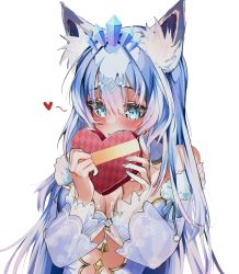 Rule 34 | 1girl, animal ears, bare shoulders, blue dress, blue eyes, blue hair, blush, box, breasts, detached sleeves, dress, embarrassed, fox, gold trim, hair ornament, hairclip, heart, heart-shaped box, highres, icelyn winter, indie virtual youtuber, long hair, moonchii, small breasts, snowflakes, solo, valentine, virtual youtuber