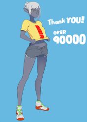Rule 34 | 1girl, bad id, bad pixiv id, blue background, clothes lift, clothes writing, colored skin, commentary request, cutoffs, denim, denim shorts, full body, grey skin, it&#039;s over 9000 (meme), lifted by self, meme, midriff, mikoyan, milestone celebration, navel, original, pointy ears, shirt, shirt lift, shoes, short shorts, shorts, simple background, sneakers, solo, t-shirt, thank you, translation request, unbuttoned, white hair, yellow eyes, yellow shirt