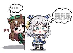 Rule 34 | 1koma, 2girls, animal ears, beret, blue eyes, borrowed character, brown hair, chibi, comic, commentary request, detached sleeves, ear covers, gabeu (miracle t), genderswap, genderswap (mtf), green eyes, grey hair, hair ornament, hat, highres, hishi miracle (umamusume), horse ears, horse girl, horse tail, just a way (racehorse), korean commentary, korean text, long hair, medium hair, mixed-language commentary, multiple girls, open mouth, original, peeking out, personification, pink eyes, simple background, slit pupils, sweatdrop, tail, tears, thought bubble, translated, trembling, two-tone eyes, umamusume