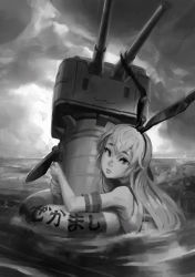 Rule 34 | 10s, 1girl, :3, bad id, bad pixiv id, cannon, doyora, elbow gloves, gloves, greyscale, hairband, kantai collection, lifebuoy, long hair, monochrome, nose, ocean, rensouhou-chan, shimakaze (kancolle), solo, swim ring