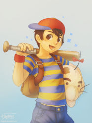 Rule 34 | 1boy, baseball bat, baseball cap, black hair, blue eyes, doseisan, hat, haychel, highres, looking at viewer, male focus, mother (game), mother 2, ness (mother 2), nintendo, shirt, smile, solo, striped clothes, striped shirt