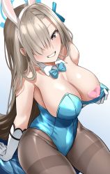 Rule 34 | 1girl, :d, akihila, animal ears, asuna (blue archive), asuna (bunny) (blue archive), bare shoulders, blue archive, blue bow, blue bowtie, blue leotard, bow, bowtie, breasts, brown hair, brown pantyhose, cleavage, covered erect nipples, detached collar, fake animal ears, gloves, grey eyes, grin, hairband, heart pasties, highres, large breasts, leotard, leotard pull, long hair, looking at viewer, mole, mole on breast, open mouth, pantyhose, pasties, playboy bunny, pulled by self, rabbit ears, simple background, sitting, smile, solo, strapless, strapless leotard, teeth, thighband pantyhose, traditional bowtie, very long hair, white background, white gloves, white hairband