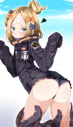 Rule 34 | 1girl, abigail williams (fate), abigail williams (traveling outfit) (fate), absurdres, ass, bandaid, bare legs, black panties, blonde hair, blue bow, blue eyes, blue sky, blush, bow, cloud, crossed bandaids, day, fate/grand order, fate (series), female focus, gradient background, grey background, hair bow, hair bun, highres, jacket, looking at viewer, looking back, moyoron, multiple bows, official alternate costume, orange bow, panties, parted bangs, polka dot, polka dot bow, shiny skin, single hair bun, sky, sleeves past wrists, solo, tentacles, thighs, thong, underwear, white background