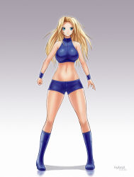 Rule 34 | 1girl, bike shorts, blonde hair, blue eyes, boots, breasts, clenched hand, full body, hair down, halterneck, halterneck, highres, hybridmink, knee boots, large breasts, long hair, metroid, metroid fusion, midriff, navel, samus aran, solo, standing, wristband