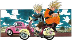 Rule 34 | 1girl, 2boys, absurdres, ankle boots, back-to-back, bento, black footwear, blonde hair, blue eyes, blue sky, blunt bangs, boots, border, brown shorts, building, bulma, bush, capsule corp, car, chopsticks, cleaned, cloud, cloudy sky, commentary, day, dougi, dragon ball, dragonball z, driving, eating, eyelashes, facing viewer, father and son, field, fingernails, floating hair, flower, from side, full body, grass, green eyes, green shirt, highres, holding, holding chopsticks, hood, hood down, hoodie, horizon, house, index finger raised, looking at another, looking down, looking to the side, motor vehicle, multiple boys, nature, official art, open mouth, outdoors, path, pink car, pointing, profile, purple hair, road, scooter, shaded face, shirt, short hair, shorts, sitting, sky, socks, son gohan, son goku, spiked hair, super saiyan, super saiyan 1, teeth, thumbs up, toriyama akira, tree, upper teeth only, vehicle focus, white border, wristband, yellow flower