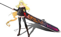 Rule 34 | 1girl, bare shoulders, black dress, blonde hair, boots, dress, elbow gloves, futaba channel, gloves, huge weapon, lesty, long hair, red eyes, shadow, solo, sword, thighhighs, very long hair, weapon, zettai ryouiki
