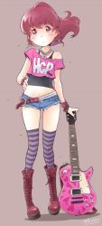 Rule 34 | 10s, 1girl, aino megumi, belt, blush, chain, cross, cross earrings, cutoffs, denim, denim shorts, earrings, electric guitar, guitar, hand on own hip, happinesscharge precure!, highres, instrument, jewelry, lock, long hair, looking at viewer, midriff, navel, pink eyes, pink hair, precure, sekihan, short shorts, shorts, solo, striped, thighhighs