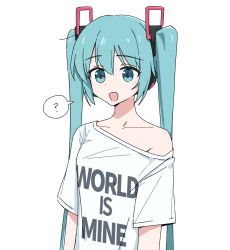 Rule 34 | 1girl, bare shoulders, channel ( caststation), green hair, hatsune miku, highres, shirt, solo, t-shirt, twintails, vocaloid, white shirt