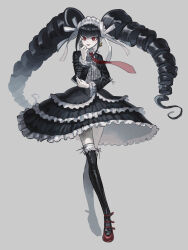 Rule 34 | 1girl, black hair, black jacket, black skirt, black thighhighs, bonnet, celestia ludenberg, center frills, claw ring, commentary, danganronpa: trigger happy havoc, danganronpa (series), dress shirt, drill hair, earrings, frilled sleeves, frills, gothic lolita, grey background, hand up, highres, jacket, jewelry, layered skirt, lolita fashion, long hair, long sleeves, looking at viewer, necktie, open clothes, open jacket, red eyes, red footwear, red necktie, shirt, shoes, simple background, skirt, smile, solo, symbol-only commentary, thighhighs, twin drills, twintails, visket53
