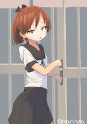 Rule 34 | 1girl, absurdres, black sailor collar, black skirt, brown eyes, brown hair, commentary request, cowboy shot, door, highres, kantai collection, looking at viewer, marusa (marrusa), one-hour drawing challenge, open mouth, pleated skirt, ponytail, sailor collar, school uniform, serafuku, shikinami (kancolle), shikinami kai ni (kancolle), skirt, solo, twitter username