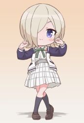 Rule 34 | 1girl, :&gt;, black sleeves, black socks, blonde hair, blue eyes, blush stickers, bow, bowtie, brown background, brown footwear, check commentary, checkered clothes, checkered skirt, chibi, commentary request, full body, gradient background, green bow, green bowtie, growth170, hair over one eye, hands up, jacket, looking at viewer, love live!, love live! nijigasaki high school idol club, mia taylor, nijigasaki school uniform, open clothes, open jacket, parody, pleated skirt, school uniform, shadow, shigure ui (vtuber), shirt, shoes, short hair, shukusei!! loli-gami requiem, skirt, smile, socks, solo, standing, virtual youtuber, white jacket, white shirt, white skirt