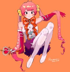 Rule 34 | 1girl, black eyes, blush, bow, check copyright, copyright request, dated, gloves, heart, knees up, long hair, looking at viewer, orange background, original, pink hair, red bow, red gloves, ruu wan mm, scepter, signature, simple background, smile, solo, twintails, very long hair