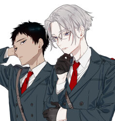 Rule 34 | 2boys, belt buckle, black gloves, black hair, blue eyes, buckle, buttons, collared shirt, glasses, gloves, grey hair, hagiwara daisuke, hand on own chin, hand on own head, lapels, long sleeves, male focus, multiple boys, necktie, original, parted lips, red necktie, shirt, short hair, simple background, upper body, white background