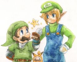 Rule 34 | 3boys, blonde hair, blue eyes, blue overalls, brown hair, color connection, cosplay, costume, costume switch, creatures (company), crossover, facial hair, fist bump, game freak, gen 1 pokemon, gloves, green hat, hat, link, link (cosplay), luigi, luigi (cosplay), male focus, mario, mario (series), multiple boys, multiple crossover, mustache, nintendo, overalls, pikachu, pikachu (cosplay), pointy ears, pokemon, smile, super mario bros. 1, super smash bros., super star, super star (mario), the legend of zelda, traditional media, tunic, white background, | |
