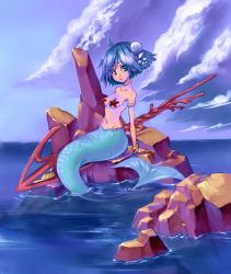 Rule 34 | 1girl, ahoge, arm support, armlet, bangle, blue eyes, blue hair, bracelet, choker, cloud, day, full body, hair ornament, head tilt, highres, horizon, jewelry, living clothes, looking at viewer, matching hair/eyes, mermaid, monster girl, navel, neck ring, ocean, outdoors, partially submerged, pasties, polearm, rock, scales, seashell, shell, short hair, sitting, sky, smile, solo, spear, star pasties, starfish, starfish on breast, tamachi kuwa, weapon