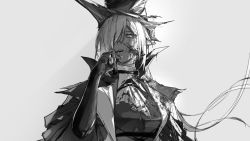 Rule 34 | 1girl, a9712mob, arknights, ascot, blood, blood on clothes, blood on face, elbow gloves, gladiia (arknights), gloves, grey background, greyscale, hair over one eye, hat, high collar, highres, long hair, looking at viewer, monochrome, one eye covered, open mouth, pointy ears, simple background, solo, upper body