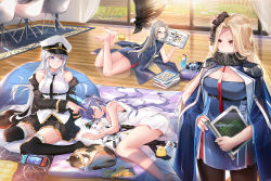Rule 34 | 4girls, azur lane, bald eagle, belt, bird, black belt, black coat, black flower, black neckwear, black rose, blonde hair, blue cloak, blue hair, book, breasts, bunker hill (azur lane), cleavage, cloak, coat, commentary request, dakimakura (object), eagle, enterprise (azur lane), essex (azur lane), flower, grey hair, hat, high collar, highres, holding, holding book, large breasts, long hair, manjuu (azur lane), military hat, multiple girls, nintendo switch, open clothes, open coat, peaked cap, pillow, purple eyes, red eyes, rose, shangri-la (azur lane), shirt, grey-framed eyewear, sleeping, sleeveless, sleeveless shirt, stardust (chen&#039;ai weiding), thighhighs, underbust, white hair, yellow eyes