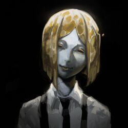 Rule 34 | 1other, androgynous, black necktie, blonde hair, bob cut, closed mouth, collared shirt, colored eyelashes, colored skin, cracked skin, gem uniform (houseki no kuni), grey skin, halterneck, head tilt, highres, houseki no kuni, looking at viewer, mapomap0, necktie, other focus, parted bangs, shirt, short hair, simple background, smile, solo, suspenders, upper body, white shirt, yellow diamond (houseki no kuni), yellow eyes, yellow lips, yellow theme