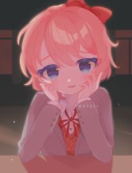 Rule 34 | 1girl, anzen robo (474zz), artist name, blue eyes, blush, bow, brown hair, brown sweater vest, buttons, collared shirt, commentary, doki doki literature club, dress shirt, english commentary, grey jacket, hair between eyes, hair bow, hair intakes, hands up, head rest, highres, indoors, jacket, light particles, long sleeves, looking at viewer, neck ribbon, open clothes, open jacket, open mouth, red bow, red ribbon, ribbon, sayori (doki doki literature club), school uniform, shadow, shirt, short hair, sidelocks, smile, solo, sweater vest, twitter username, upper body, white shirt, wing collar