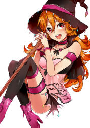 Rule 34 | 1girl, bare shoulders, blush, boots, breasts, broom, cape, hat, long hair, looking at viewer, masaki (celesta), open mouth, orange hair, own hands clasped, own hands together, red eyes, simple background, skirt, smile, solo, thigh strap, thighhighs, tokyo 7th sisters, usuta sumire, witch hat