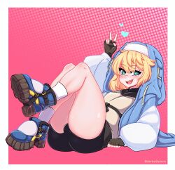 Rule 34 | 1boy, bike shorts, bike shorts under skirt, black gloves, blonde hair, bridget (guilty gear), covered testicles, fingerless gloves, gloves, green eyes, guilty gear, guilty gear strive, habit, heart, highres, hood, hood up, hooded jacket, hoodie, jacket, joshopaisen, long sleeves, looking at viewer, male focus, medium hair, open clothes, open hoodie, open mouth, pink background, puffy long sleeves, puffy sleeves, smile, solo, trap, v