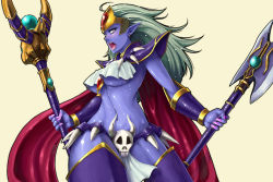 Rule 34 | 1girl, abs, ahoge, armor, axe, between breasts, blue skin, blue thighhighs, blush, breasts, brooch, cape, chaos breaker, colored skin, curvy, dark elf, detached sleeves, double bladed axe, dual wielding, earrings, elf, green hair, grey eyes, grey hair, hip focus, holding, horns, jewelry, large breasts, loincloth, long hair, midriff, misonou hirokichi, nagar, nail polish, navel, no bra, open mouth, pink nails, pointy ears, shoulder pads, simple background, skull, solo, staff, standing, thighhighs, underboob, weapon, wide hips