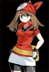 Rule 34 | 1girl, bandana, bike shorts, black background, black shorts, blue eyes, breasts, brown hair, closed mouth, collarbone, cowboy shot, creatures (company), game freak, gloves, hair between eyes, highres, jacket, long hair, looking at viewer, may (pokemon), miniskirt, nintendo, outline, pokemon, pokemon rse, red bandana, red jacket, shiny clothes, short shorts, short sleeves, shorts, shorts under skirt, simple background, skirt, small breasts, smile, solo, standing, twintails, white skirt, yuihico