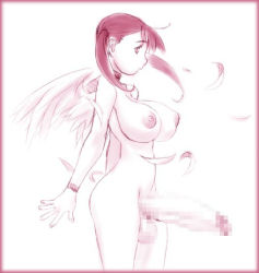 Rule 34 | 1girl, angel, angel wings, arms behind back, bracelet, breasts, censored, collar, feathers, futanari, huge penis, jewelry, large breasts, monochrome, mosaic censoring, nipples, nude, original, penis, sepia, solo, twintails, uno makoto, wings