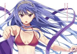 Rule 34 | 1girl, bikini, blue hair, breasts, hairband, hamashima shigeo, highres, long hair, looking at viewer, open mouth, purple eyes, red bikini, ribbon, scan, sidelocks, simple background, solo, swimsuit, translation request, upper body, wet, white background