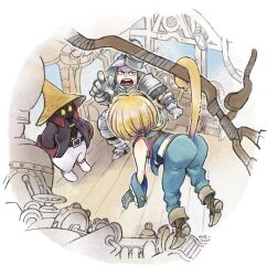 Rule 34 | adelbert steiner, armor, belt buckle, black mage (final fantasy), blonde hair, blue pants, blue vest, boots, buckle, coat, final fantasy, final fantasy ix, full body, gloves, grey footwear, grey gloves, hat, hat feather, indoors, low ponytail, male focus, mechanical parts, megsuri, monkey tail, multiple boys, pants, plate armor, pointing, pointing at another, purple coat, shirt, short hair with long locks, tail, vest, white pants, white shirt, wizard hat, wrist cuffs, yellow eyes, zidane tribal