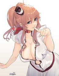 Rule 34 | 1girl, belt, blue eyes, breast pocket, breasts, brown hair, cleavage, collarbone, cowboy shot, dress, finger to mouth, fuwafuwatoufu, hair between eyes, hair ornament, highres, kantai collection, large breasts, lips, neckerchief, one-hour drawing challenge, pocket, ponytail, red neckerchief, saratoga (kancolle), side ponytail, sidelocks, smokestack, solo, white background, white dress