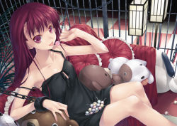 Rule 34 | 1girl, bare arms, cage, candy, chain, collarbone, couch, cuffs, dress, food, hagure keg, indoors, licking, lollipop, long hair, looking at viewer, original, pillow, red eyes, red hair, shackled, shackles, sitting, slave, solo, strap slip, stuffed animal, stuffed toy, teddy bear, tongue, tongue out