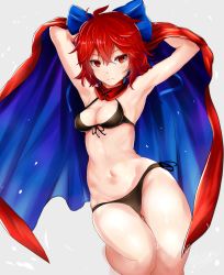 Rule 34 | armpits, bikini, black bikini, blue bow, bow, breasts, cape, commentary request, expressionless, gluteal fold, grey background, hair bow, houdukixx, looking at viewer, navel, red eyes, red hair, revision, sekibanki, short hair, side-tie bikini bottom, simple background, small breasts, solo, stomach, swimsuit, thigh gap, touhou