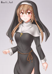 Rule 34 | 1girl, alternate costume, anti (untea9), blush, brown eyes, brown hair, closed mouth, cowboy shot, cross, cross necklace, grey background, hair between eyes, hair ornament, hairclip, highres, jewelry, kantai collection, long hair, long sleeves, low twintails, necklace, nun, simple background, smile, solo, tashkent (kancolle), twintails, twitter username